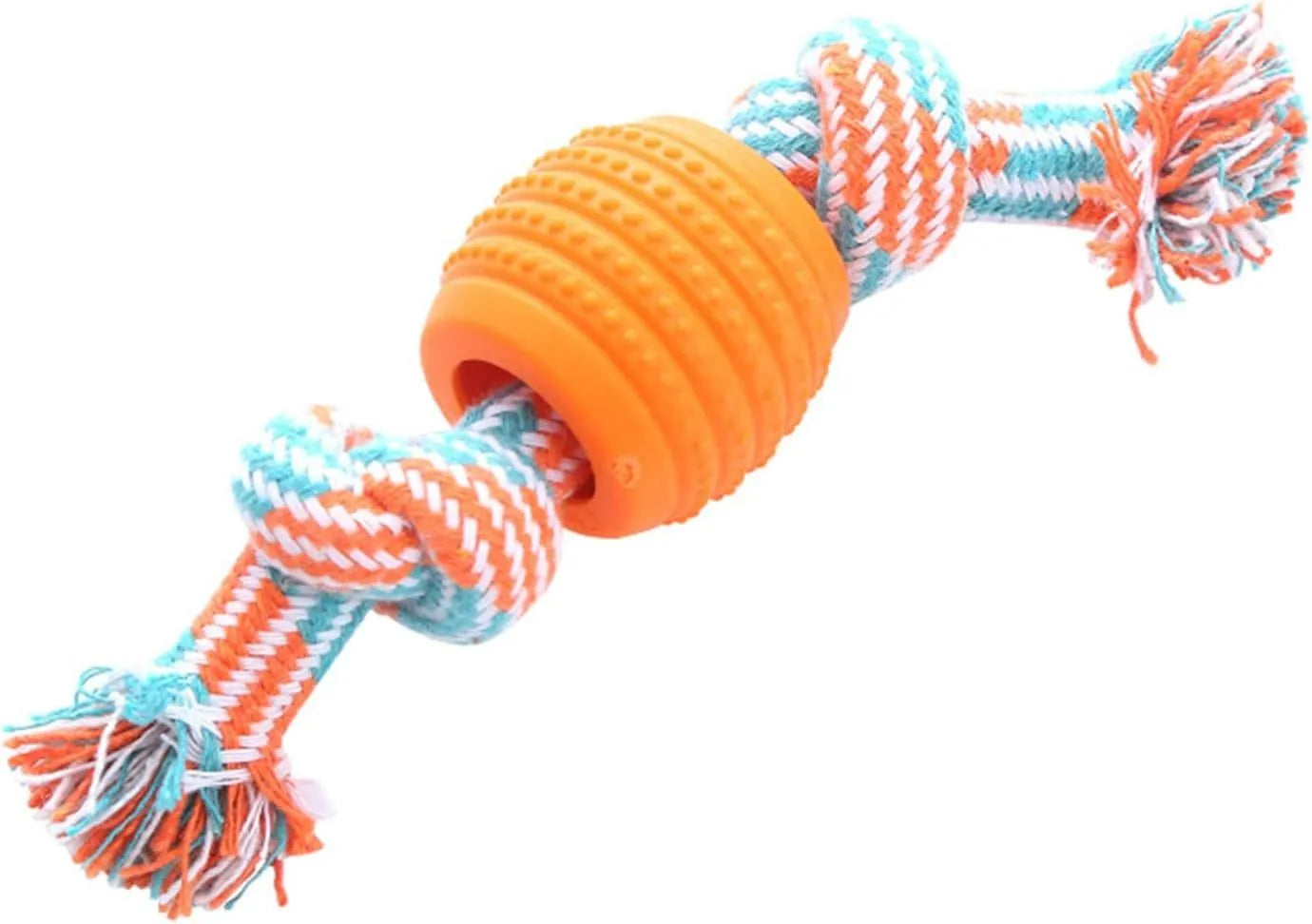 Blue dog molar chew toy with white cotton rope ends for dental cleaning and interactive play