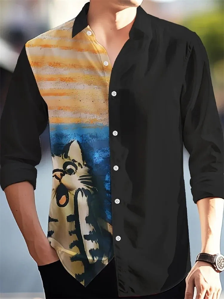 Man wearing a loose fit long sleeve Hawaiian floral print cardigan shirt.