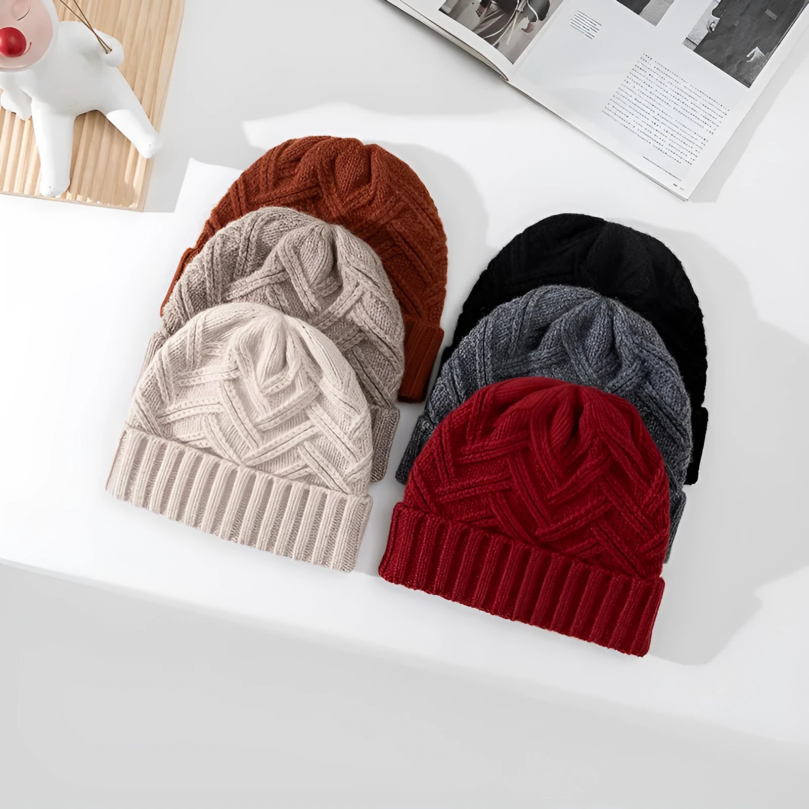 Wool knitted dome crown winter hat with totem design in various colours