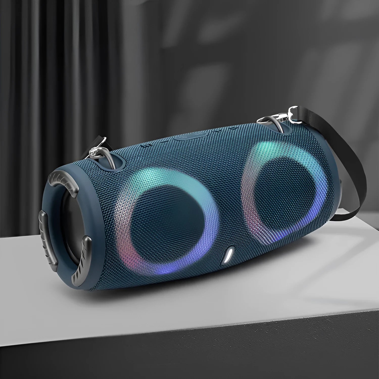 Portable Bluetooth speaker with RGB lights in black, blue, camouflage, red, or silver grey.
