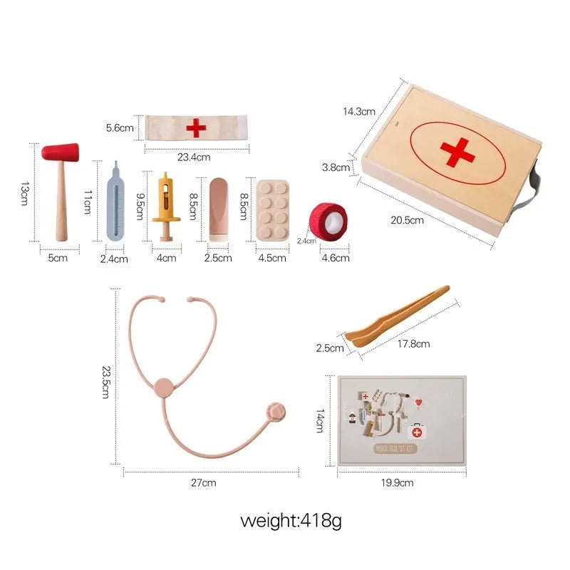 Wooden children's doctor toy set with stethoscope and medical suit for imaginative role play