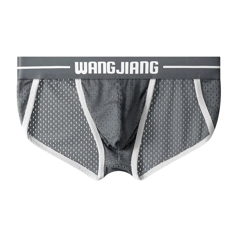 Men's black Ice Silk mesh triangle underwear briefs laid flat, showing solid colour and fabric texture.