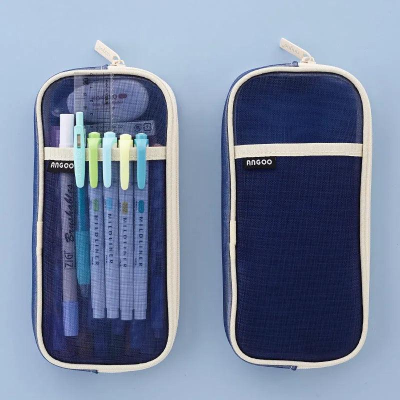 Transparent mesh square pencil case in green, grey, khaki, or blue colour options
