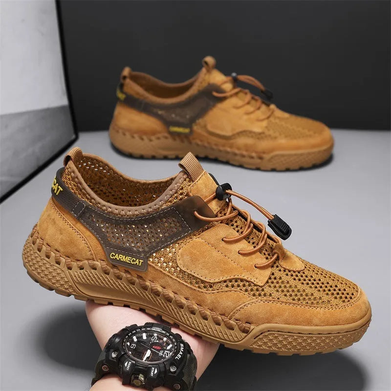 Men's brown suede casual tennis shoes with an elastic band and hand-stitched rubber sole.