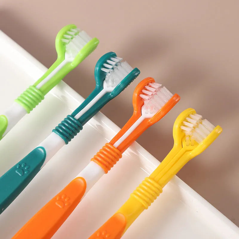 Pet toothbrush with angled head in assorted colours including orange, dark green and blue pink