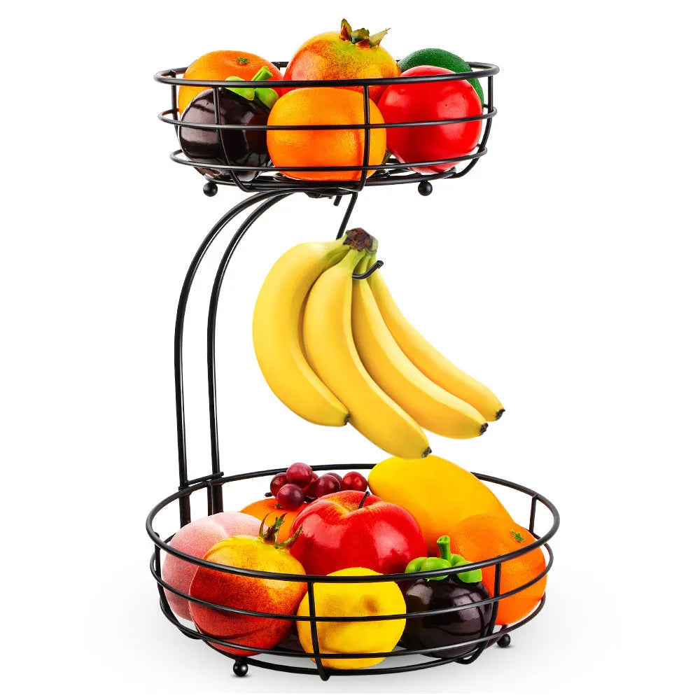 Black wrought iron double-layer fruit and vegetable storage basket with two tiers.