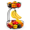 Black wrought iron double-layer fruit and vegetable storage basket with two tiers.