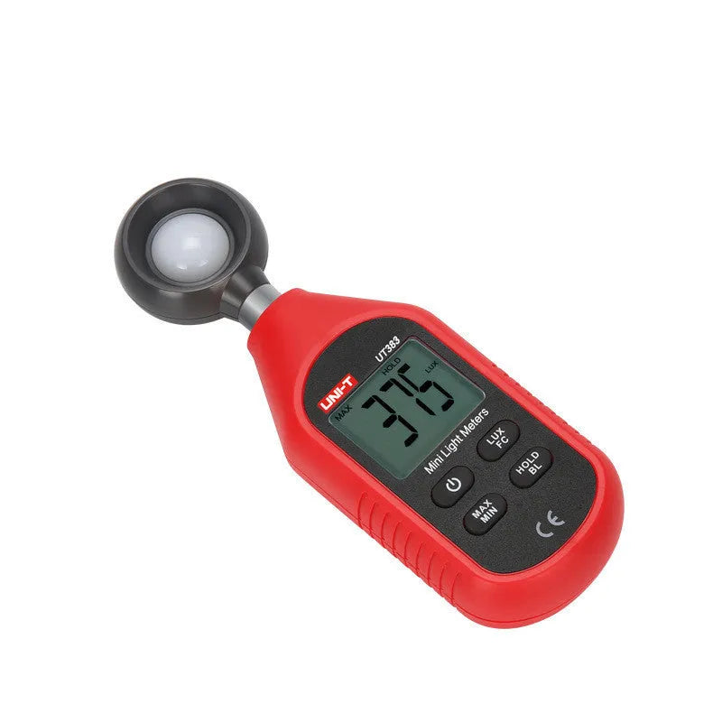 Mini lux meter UT383 with backlit display showing light reading in handheld use