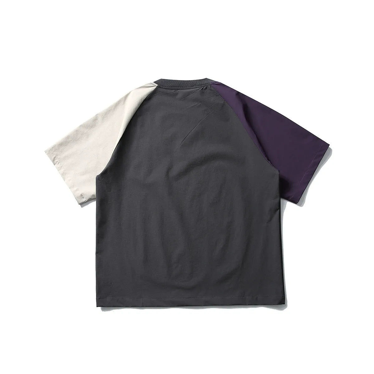 Dark grey men's quick-dry T-shirt with contrast colour raglan sleeves on a hanger.