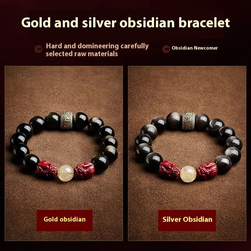 Carved cinnabar beads bracelet with gold obsidian animal zodiac design on a gift box.