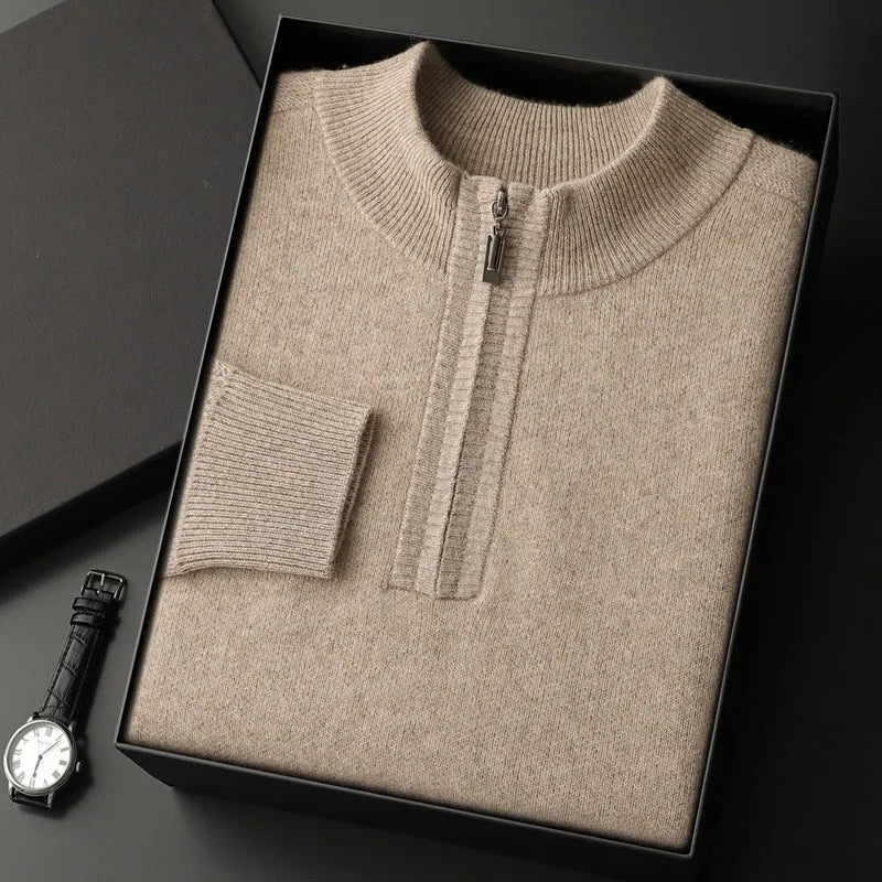 Men's half-high collar loose half-zip solid colour thickening pullover sweater in elephant gray with long sleeves