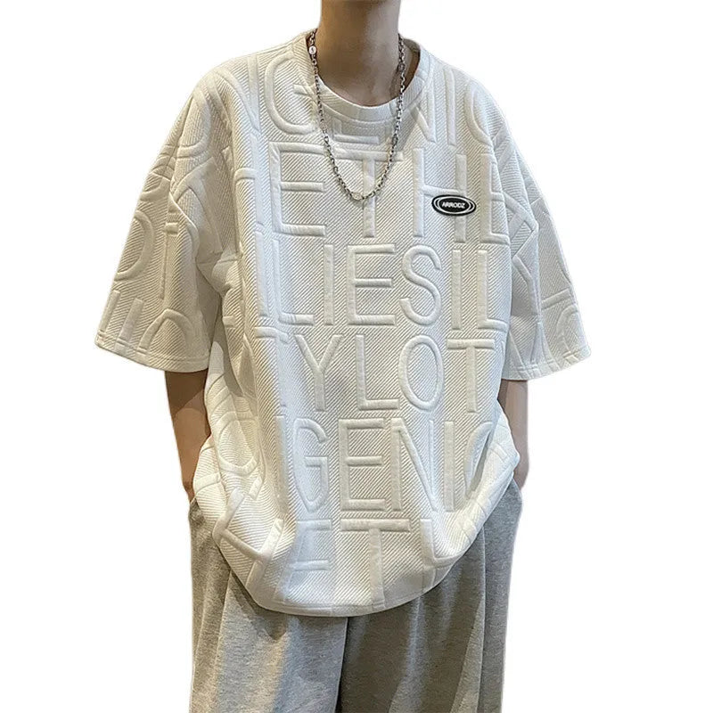 Men's retro loose fit T-shirt with three-dimensional letter print in polyester blend fabric