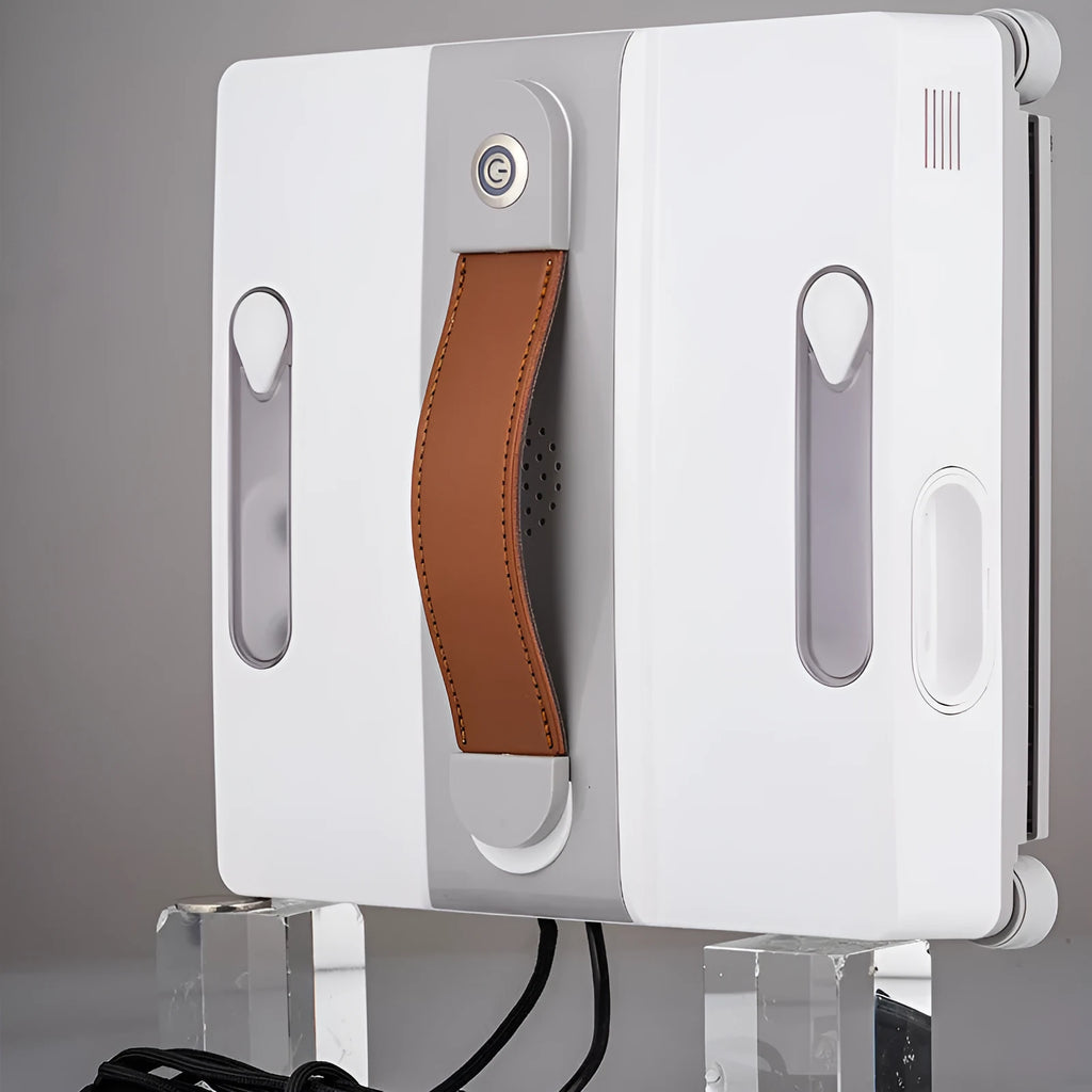 White intelligent window cleaning robot for high-rise windows with voice and app control.