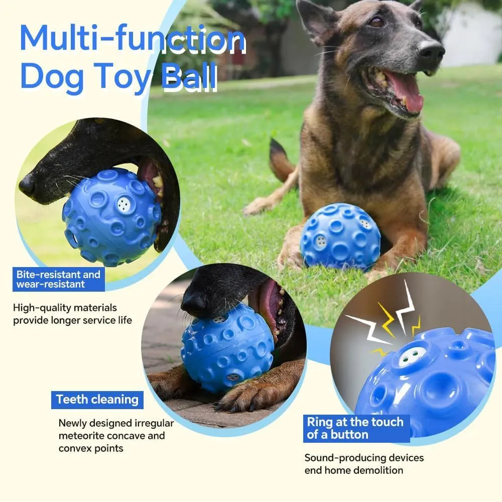 Colourful dog toy ball with textured meteorite bumps for teeth cleaning and squeaky sound