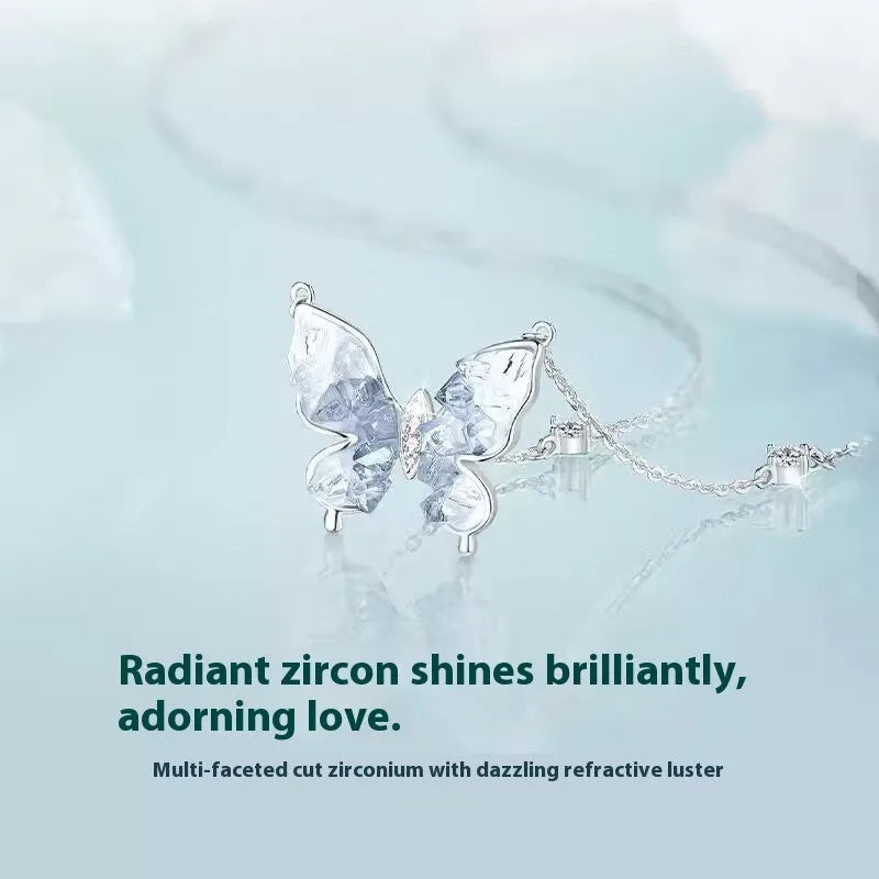 Bingyu Butterfly S925 silver necklace with O‑ring chain and adjustable 41‑50 cm length.