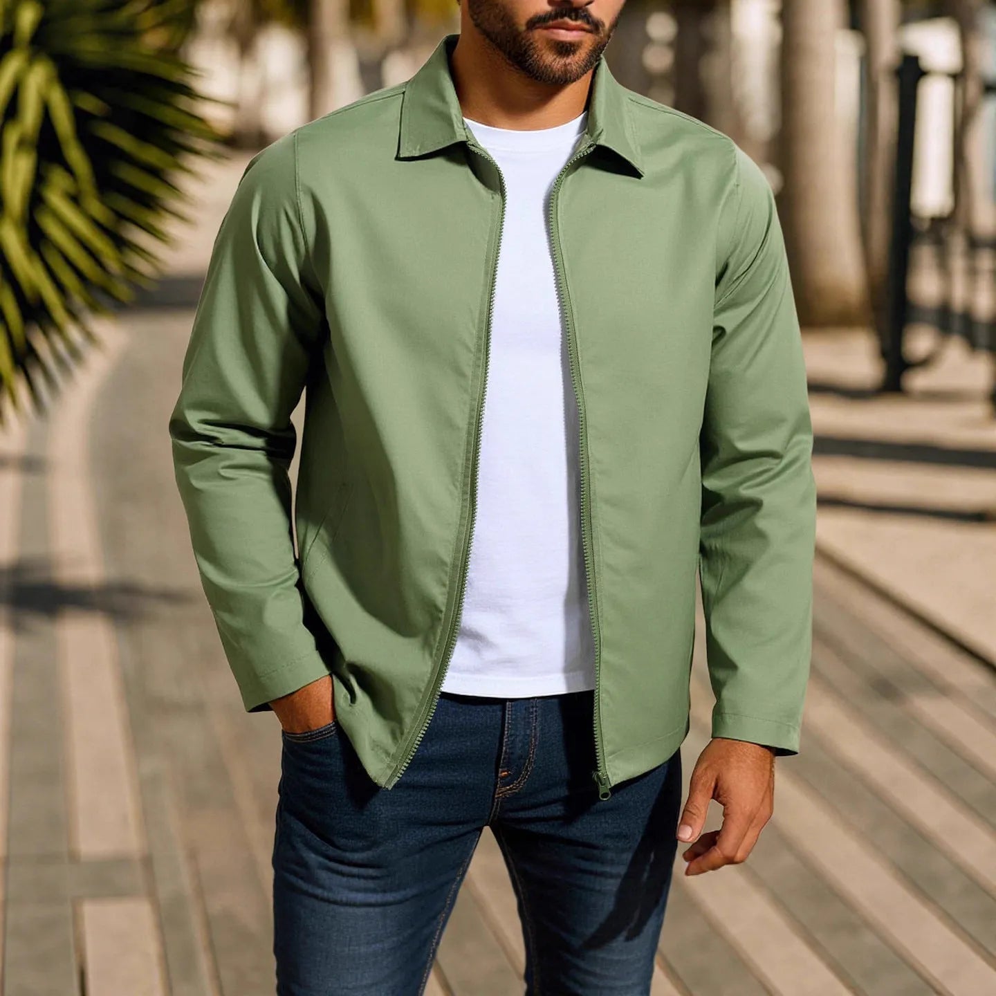 Men's green polyester blend cardigan jacket with front zipper and raglan long sleeves laid flat.