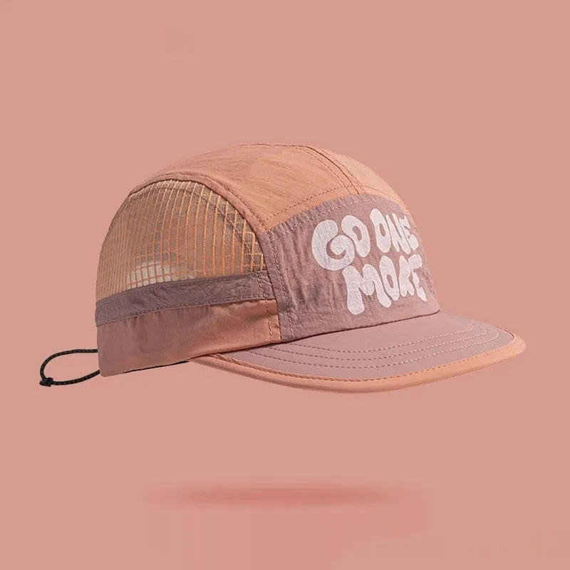 Quick-drying mesh baseball cap with dome crown and digital printed English letters in light green colour