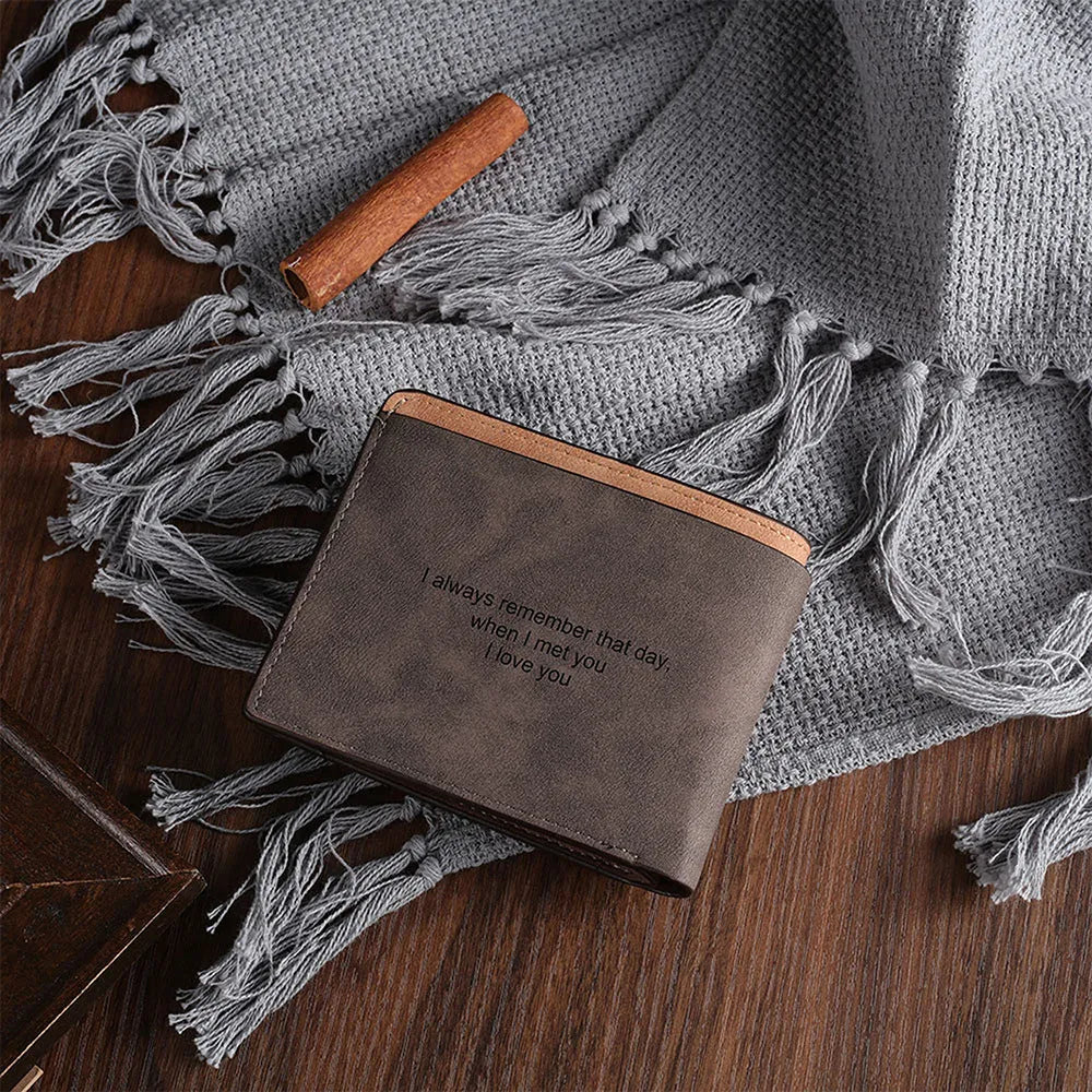 Coffee coloured engraved horizontal short wallet showing photo personalisation and 7 card slots