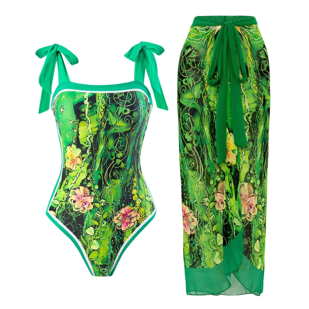 Women's retro one-piece swimsuit with chiffon skirt in a floral pattern