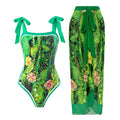 Women's retro one-piece swimsuit with chiffon skirt in a floral pattern
