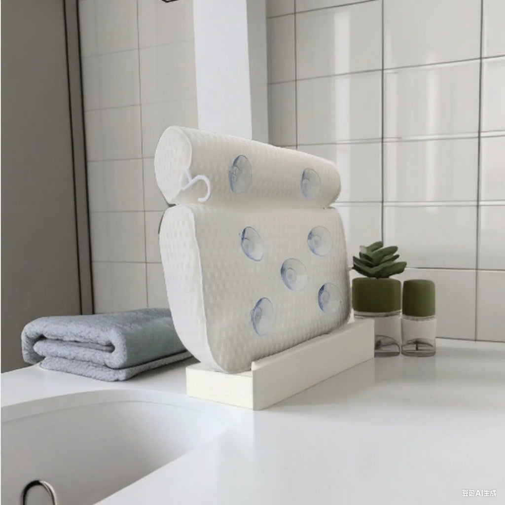 White bathtub pillow with suction cups showing 4D mesh construction and 3D permeable material