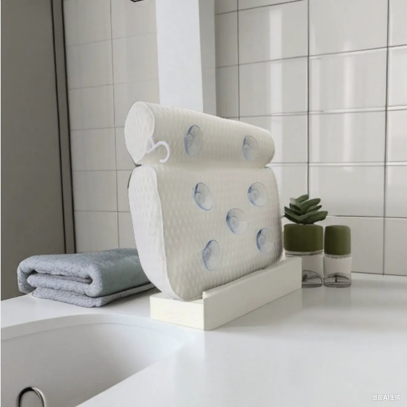 White bathtub pillow with suction cups showing 4D mesh construction and 3D permeable material