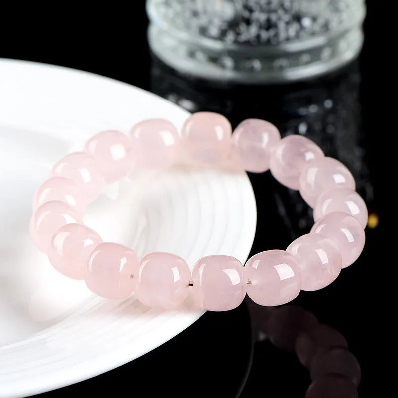 Natural crystal bamboo barrel bead bracelet with geometric 11x12mm beads in pink