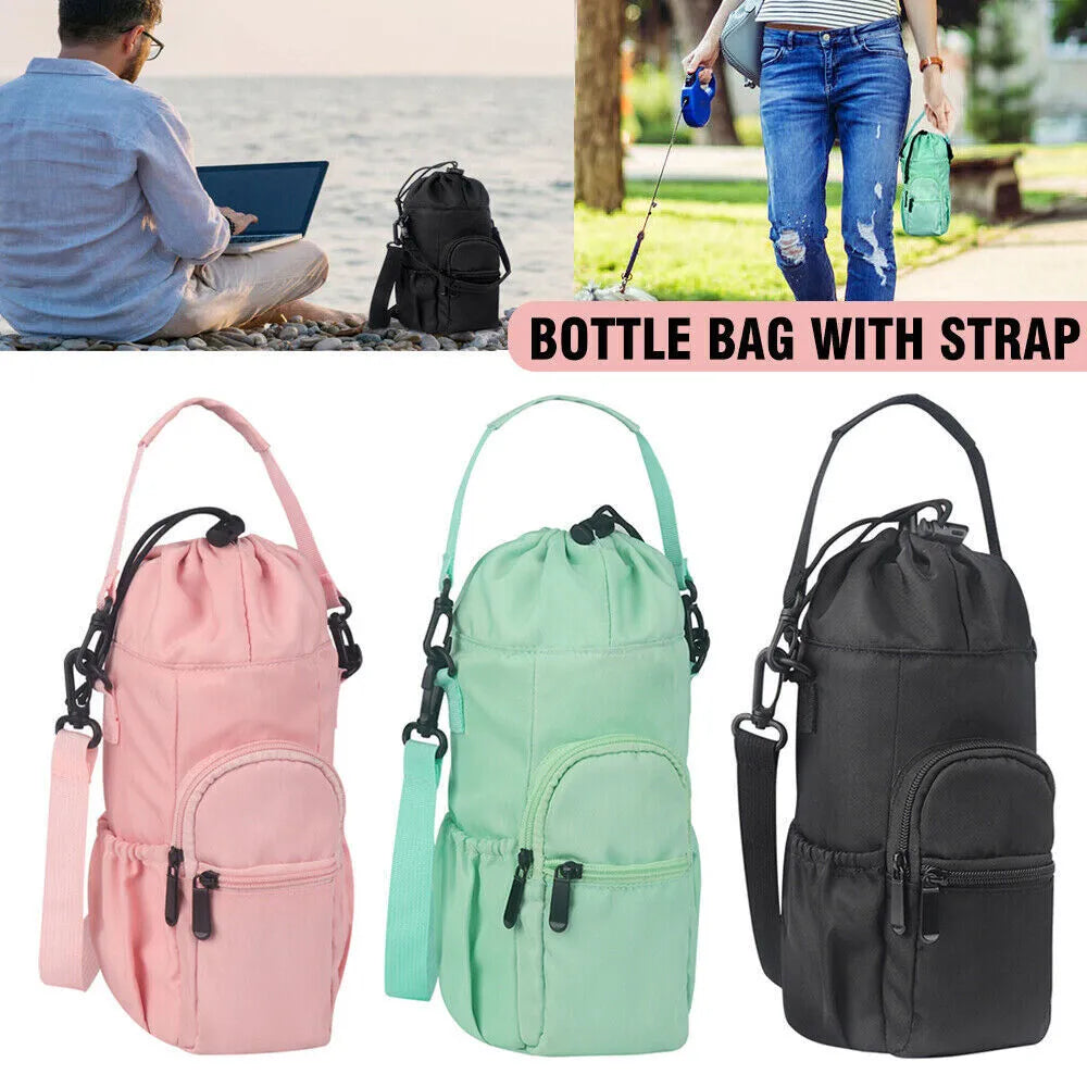 Canvas water bottle pouch with elastic drawstring closure showing black, green, and pink colour options
