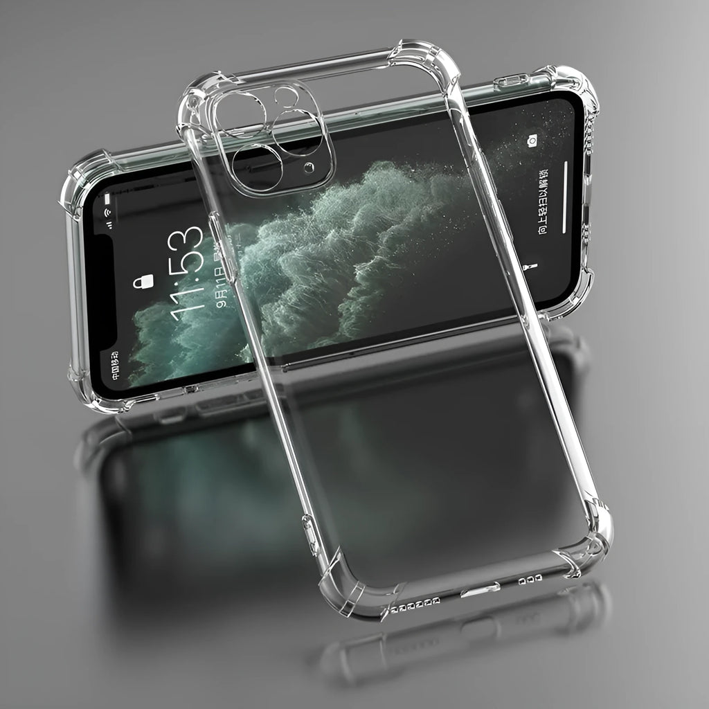 Clear transparent TPU shockproof phone case for Apple iPhone.