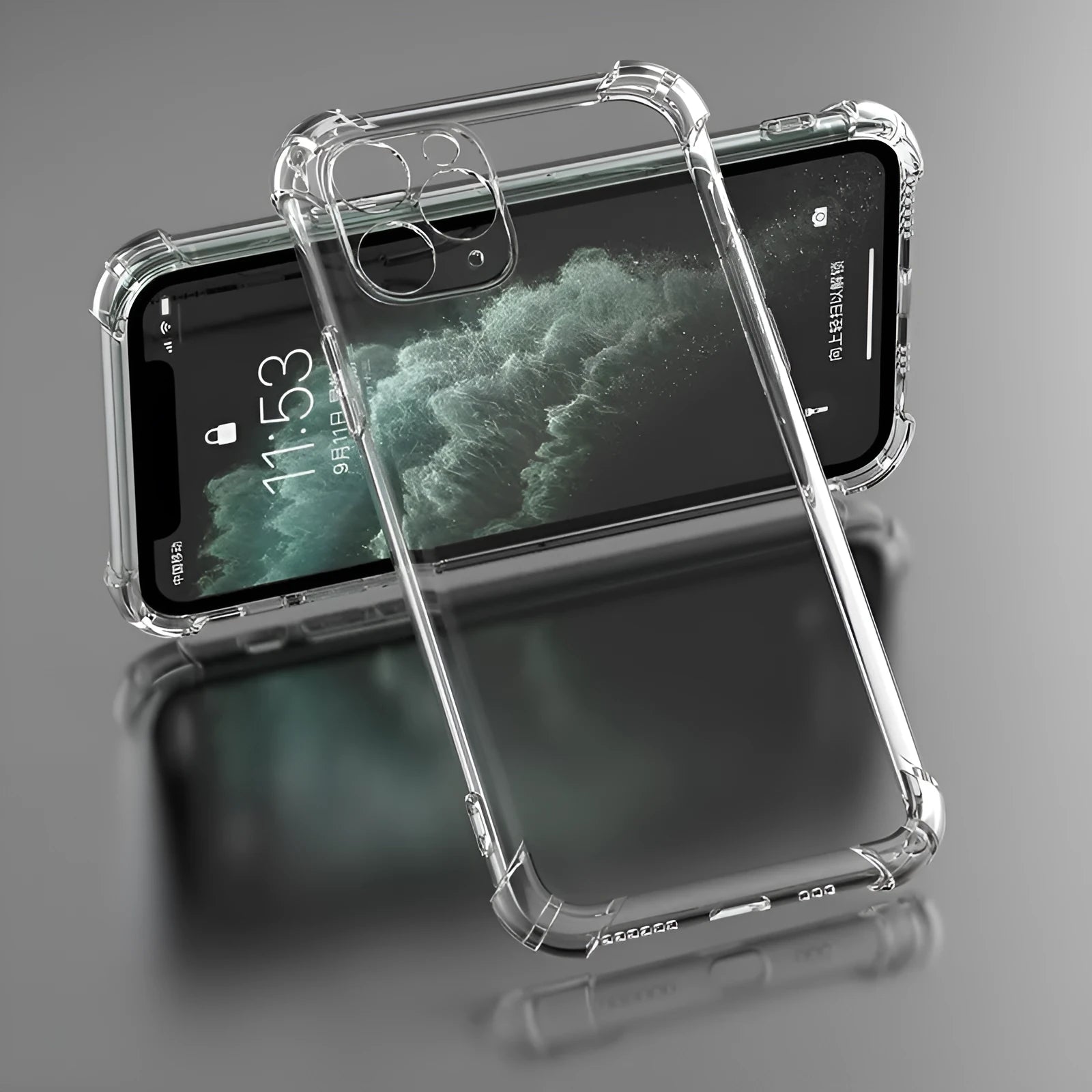 Clear transparent TPU shockproof phone case for Apple iPhone.