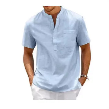 Men's solid colour stand collar short sleeve polo shirt in lightweight polyester fabric.