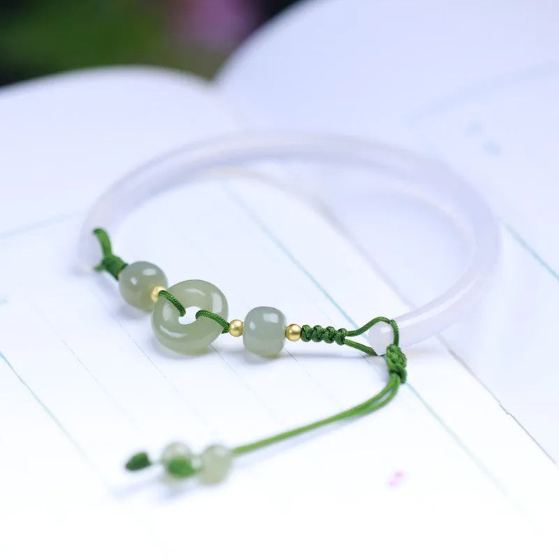 Hand-woven white agate half bracelet with peace buckle closure and 6mm beads