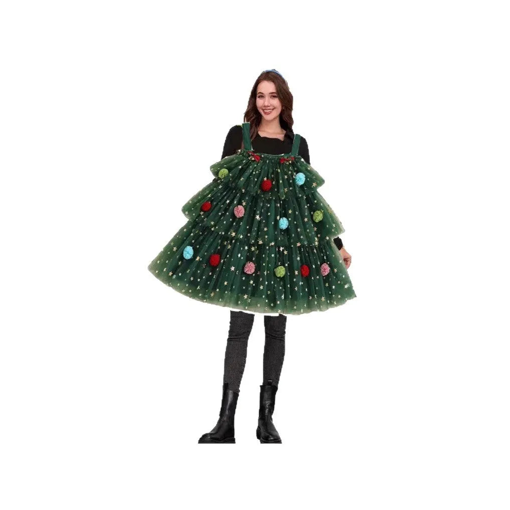 Green polka dot mesh suspender dress with multi-layer tiered skirt and colourful ball decorations in a Christmas tree pattern.