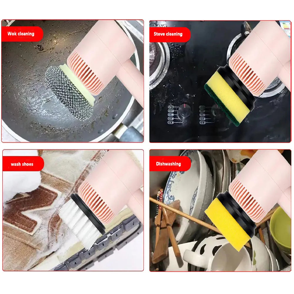 Green electric cleaning brush with multiple rotating brush heads on a kitchen countertop.