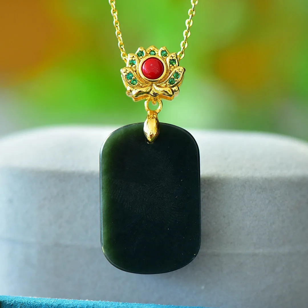 Natural Hetian gray jade pendant necklace with copper inlay detailing and ink blue jade accents.