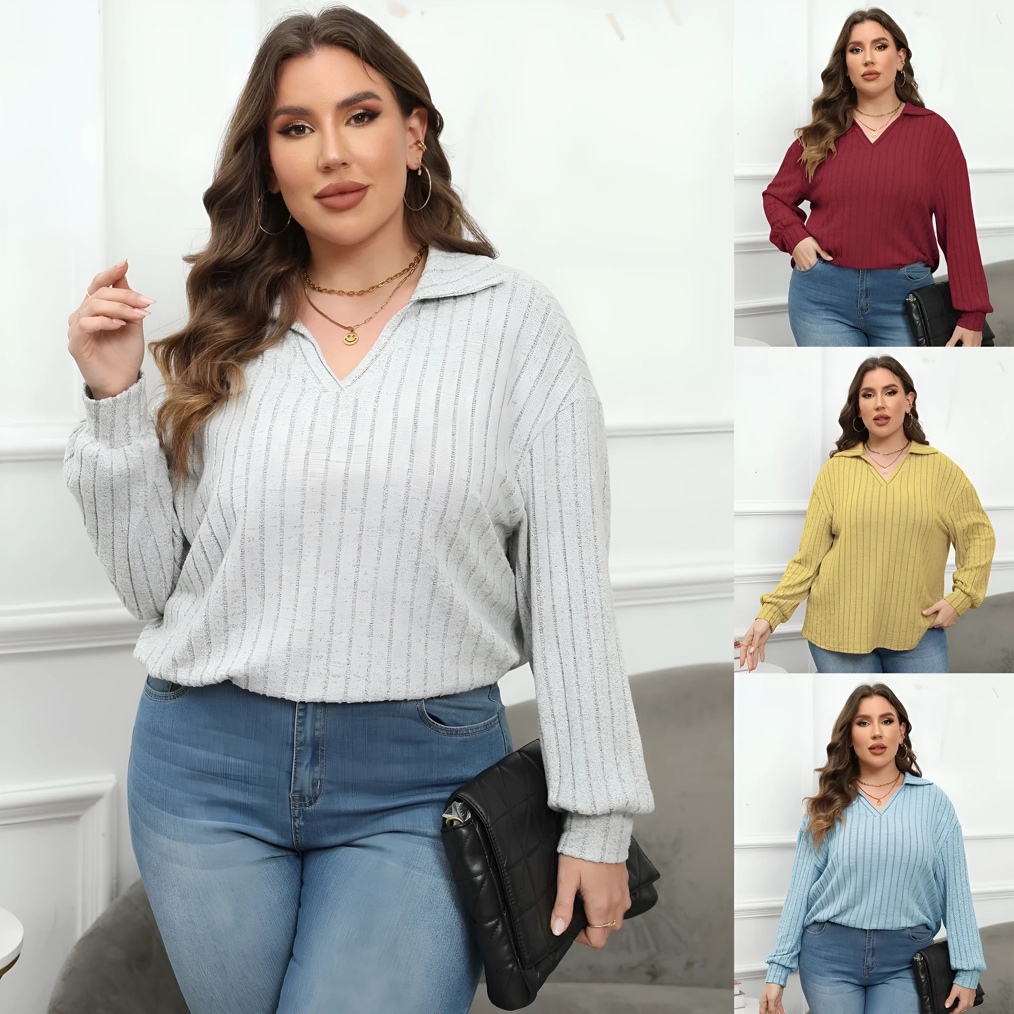 Plus size women's grey polo collar shirt with lantern sleeves in a street fashion style.