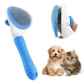 Blue, grey, or pink cat brush with a release button and fine wire bristles for pet grooming.
