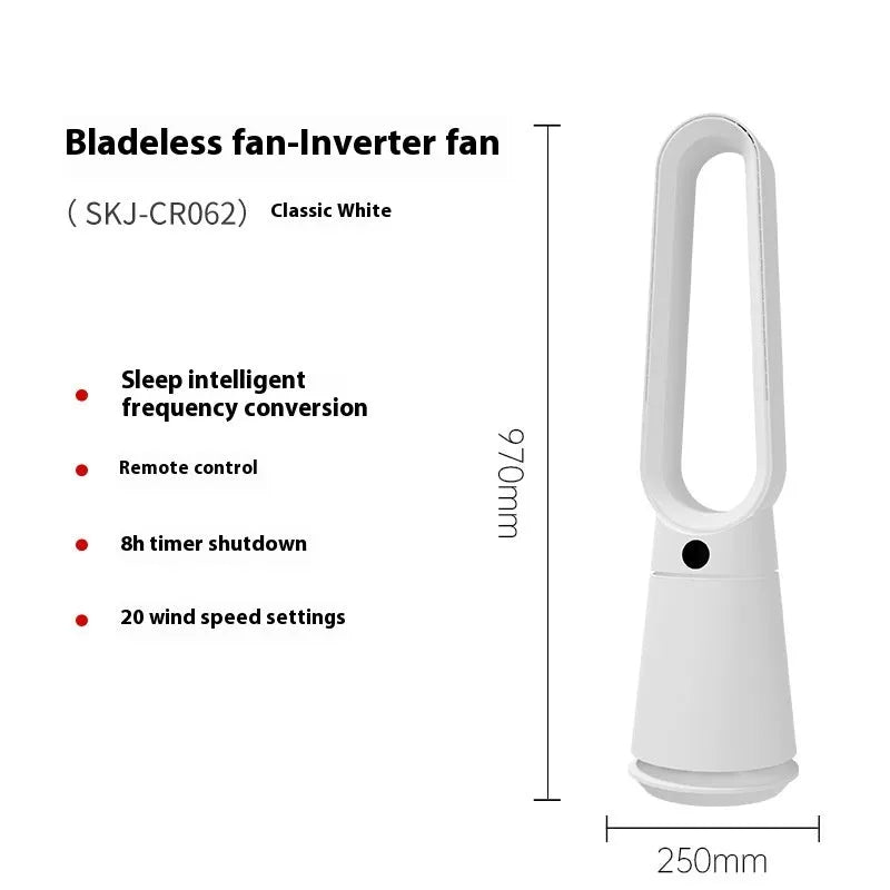 White SK bladeless tower fan with touch screen controls, suitable for floor or desktop use