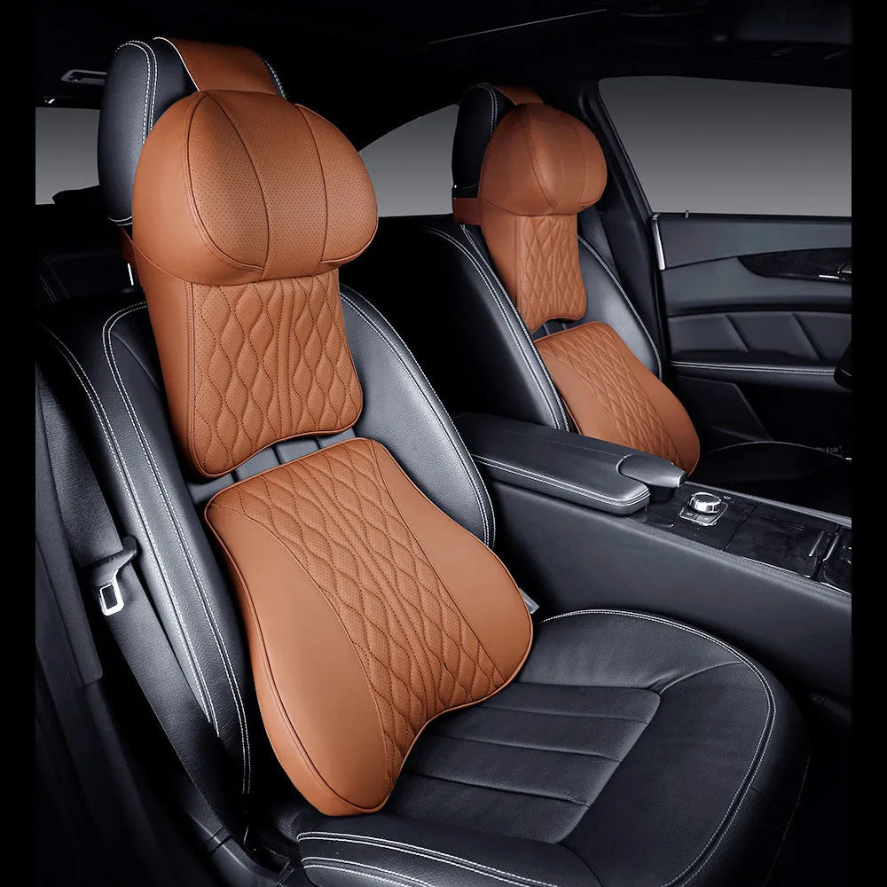 Car neck pillow and lumbar support pillow set with wavy pattern embroidery in beige colour.