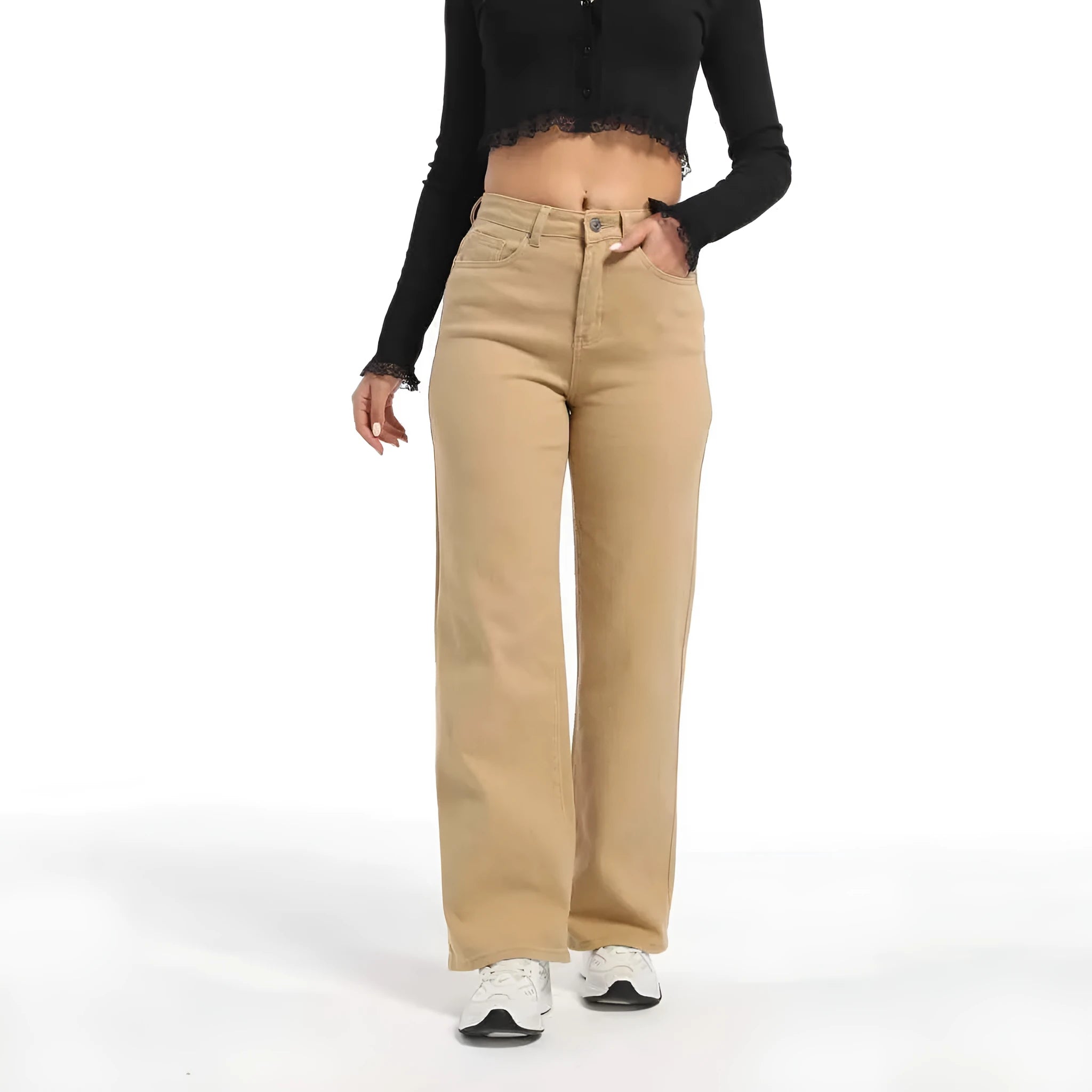 Women's apricot high-waist wide-leg straight jeans made from stretch cotton.