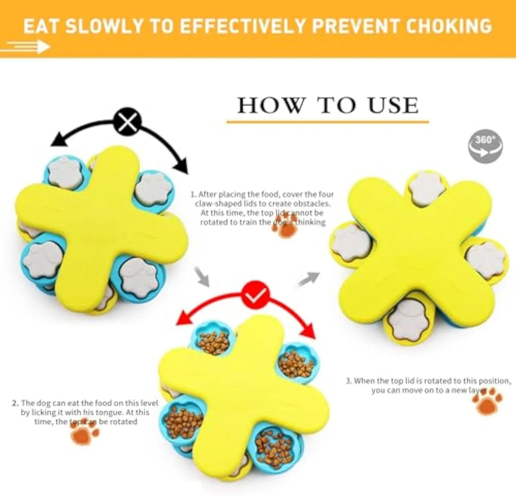 Yellow three-layer rotating dog puzzle slow feeder with claw-shaped lids on a non-slip base.