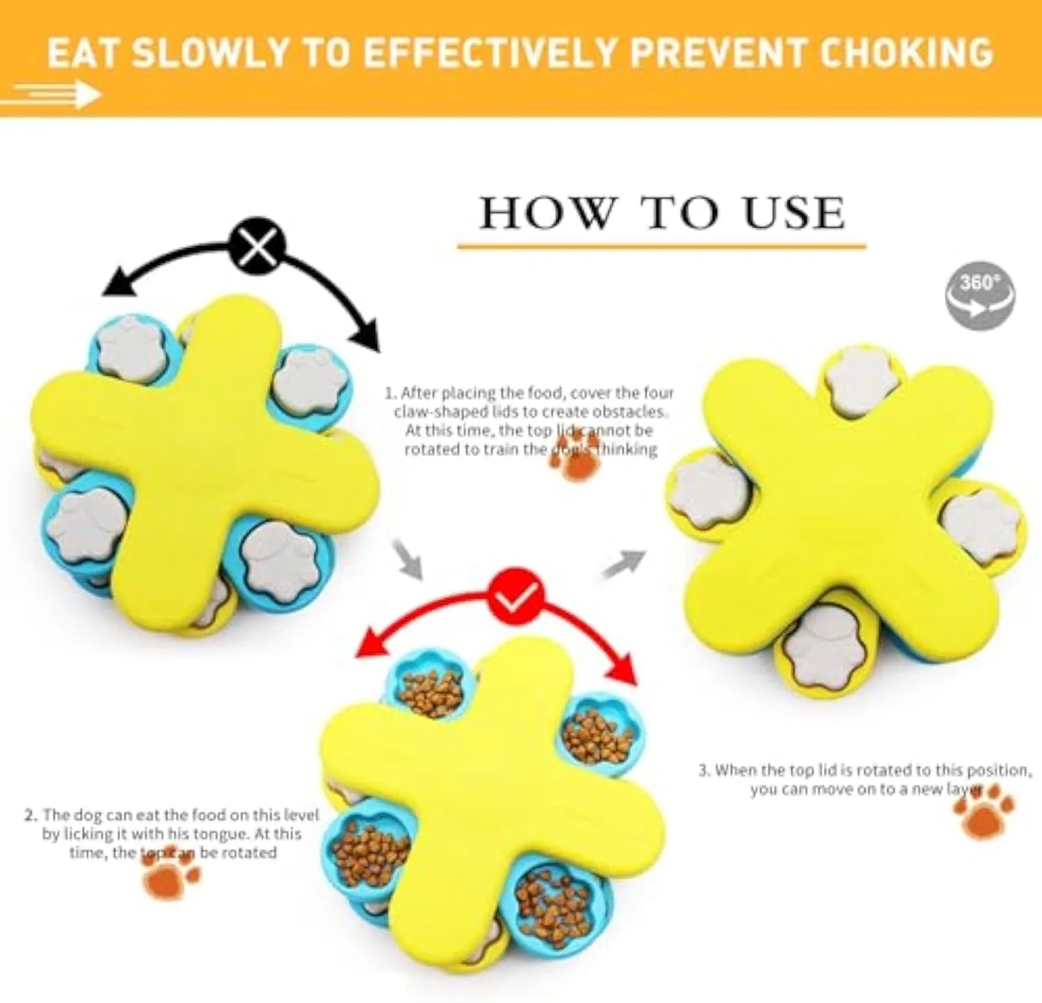 Yellow three-layer rotating dog puzzle slow feeder with claw-shaped lids on a non-slip base.