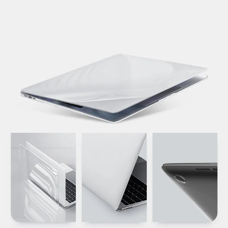 Transparent and black PC hard protective cases for 14-inch and 16-inch Apple MacBook Pro laptops.