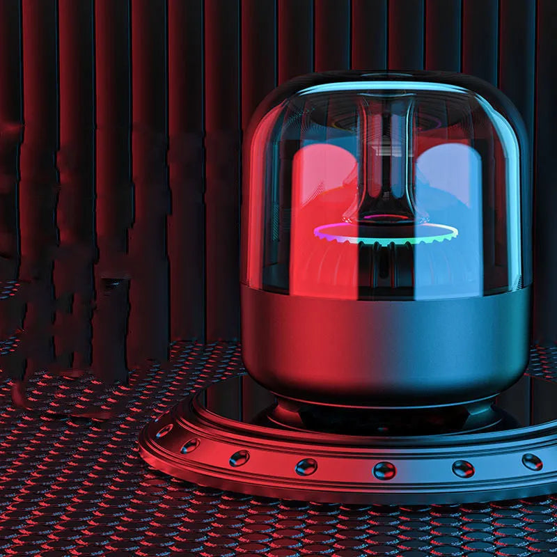 Blue glass desktop MINI computer speaker with bass, Bluetooth, and USB interface, 110 by 110 by 150 mm
