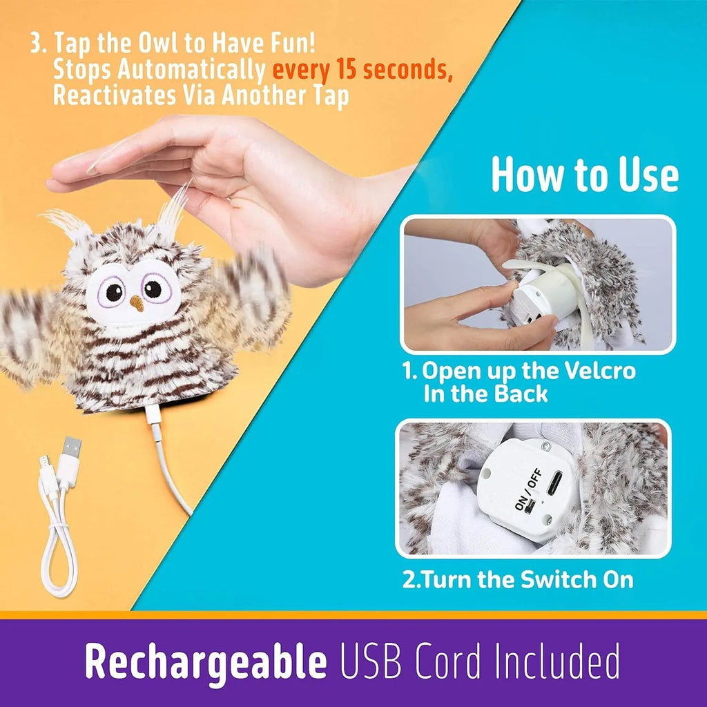 Grey automatic owl cat toy with flapping wings for indoor feline entertainment