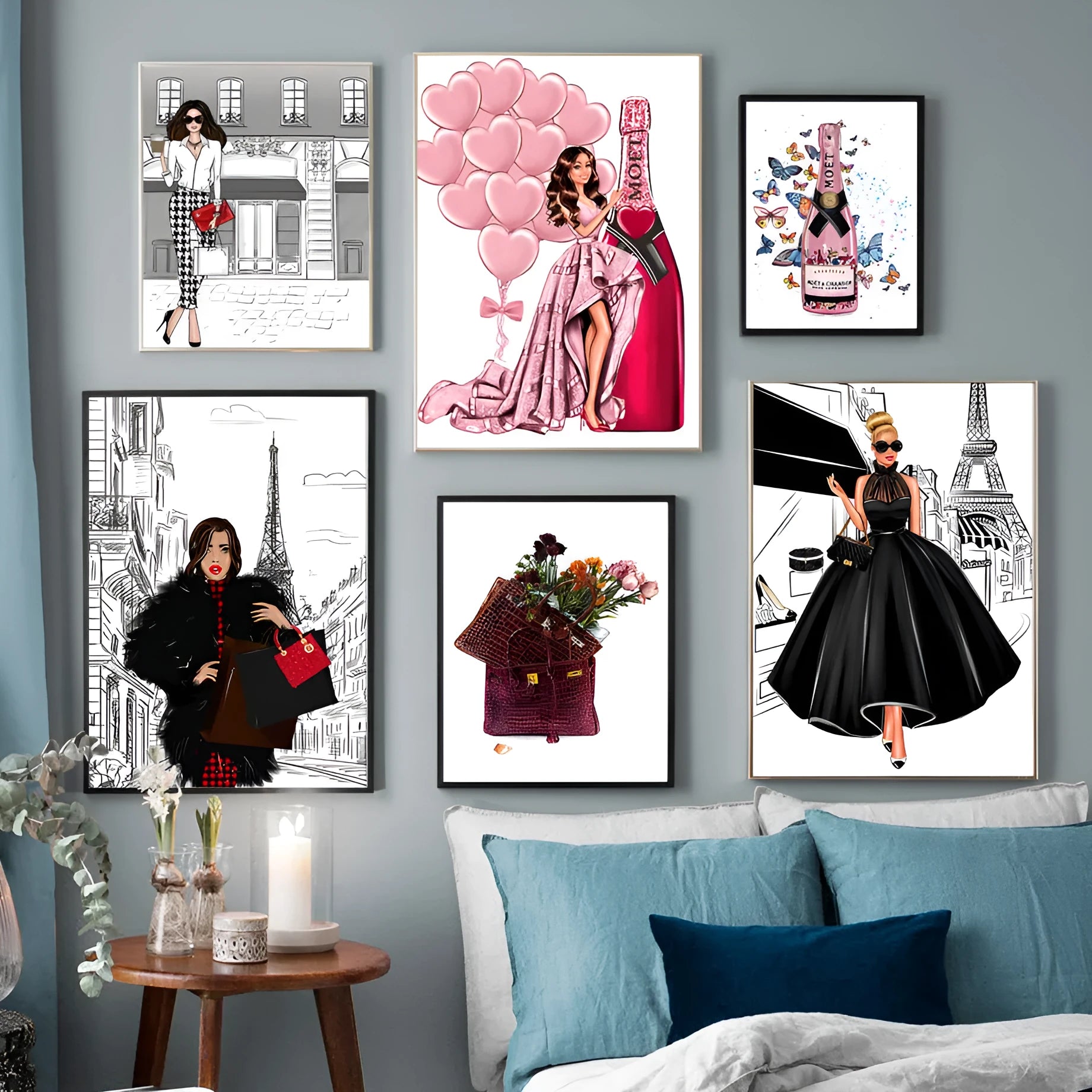Modern cartoon canvas wall art print featuring a fashion bag girl with balloons and champagne.