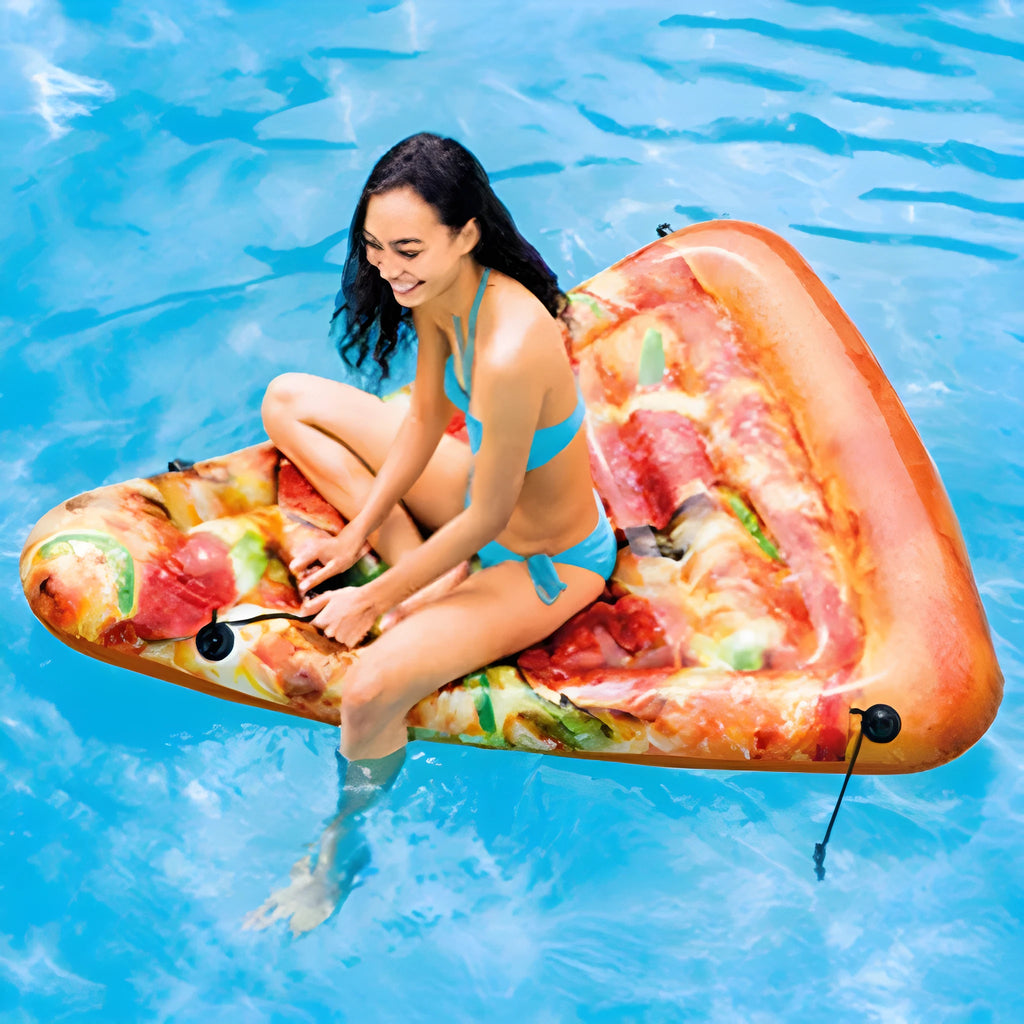 Large green inflatable pizza surfboard shaped recliner float on water