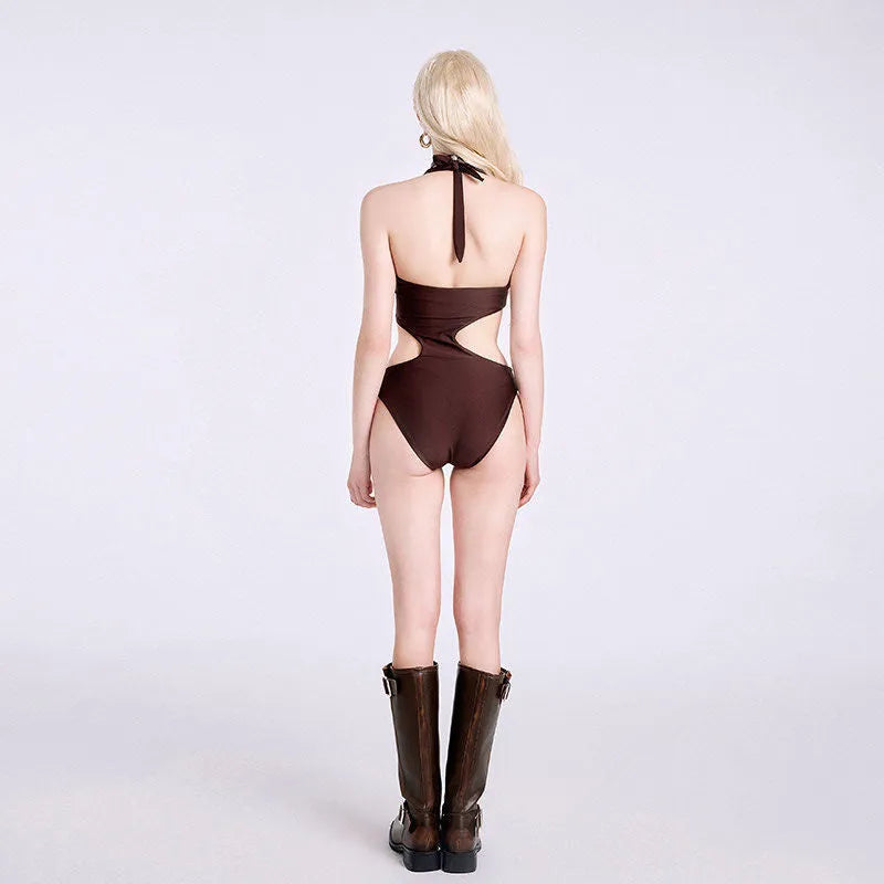 Dark brown one-piece swimsuit for women with sleeveless design