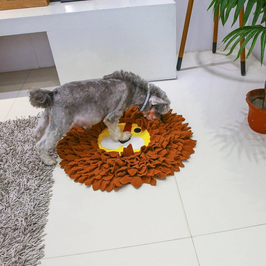 Brown lion sniffing pad and food hiding blanket for dogs and cats