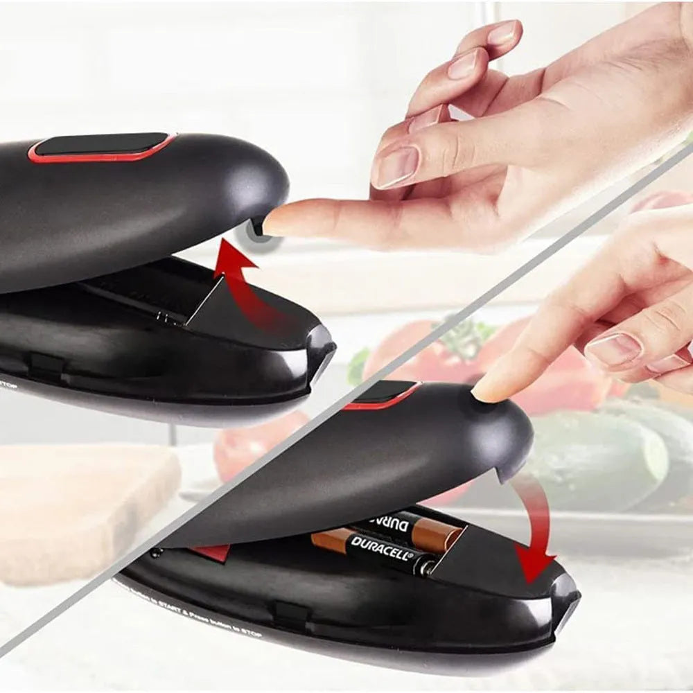Black plastic electric can opener with compact design for battery-powered hands-free opening